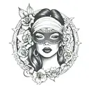 "A forearm tattoo design featuring a central image of a woman's face with a blindfold covering her eyes. The woman’s lip tattoo design idea