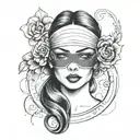 "A forearm tattoo design featuring a central image of a woman's face with a blindfold covering her eyes. The woman’s lip tattoo design idea