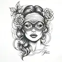 "A forearm tattoo design featuring a central image of a woman's face with a blindfold covering her eyes. The woman’s lip tattoo design idea