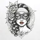 "A forearm tattoo design featuring a central image of a woman's face with a blindfold covering her eyes. The woman’s lip tattoo design idea
