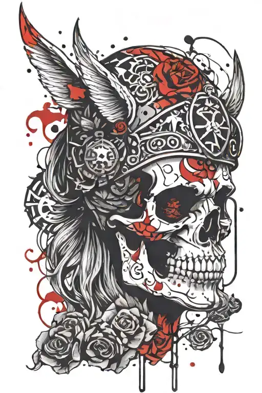 half candy skull half viking face tattoo design idea