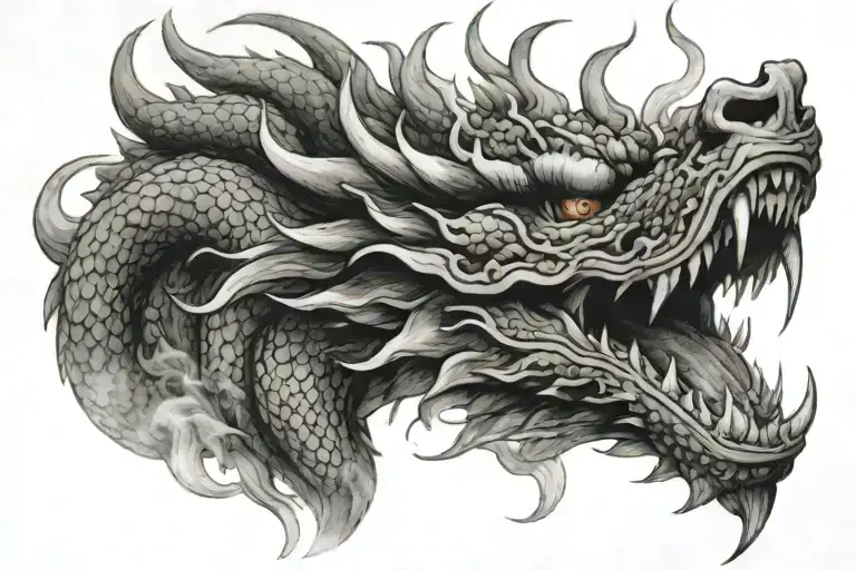 Half sleeve Asian dragon with smoke coming out of its mouth open tattoo design idea