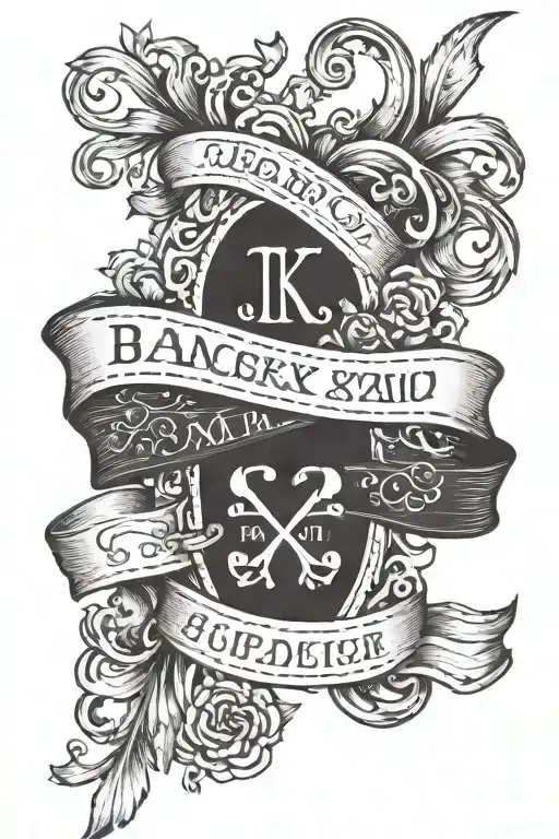 A name in a ribbon with a date under it in roman numerals tattoo design idea