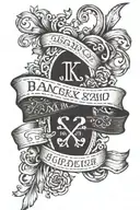 A name in a ribbon with a date under it in roman numerals tattoo design idea