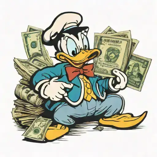 Donald Duck holds a lot of dollars and smiles tattoo design idea