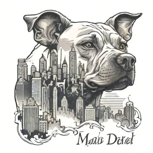 A cityscape tattoo featuring the skyline of Madrid with a pitbull silhouette in the foreground tattoo design idea