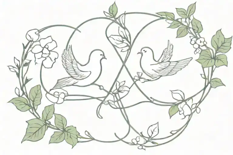 infinity symbol below ivy and two doves tattoo design idea