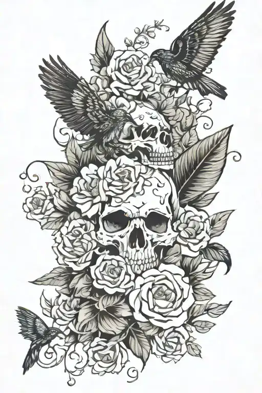 flowers blackout sleeve with crow skulls and moths  tattoo design idea