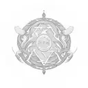 Consider a circular design, with the Scorpio symbol at the top center in a minimalistic runic style. Around the Scorpio, tattoo design idea