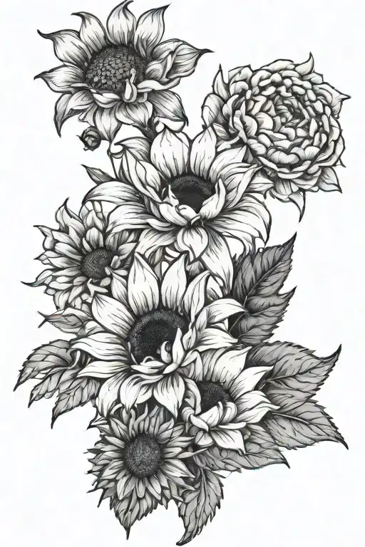 a snapdragon a sunflower and a marigold flower tattoo design idea