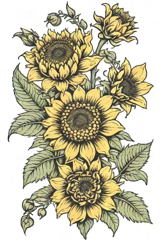 snapdragon, sunflower, marigold flower tattoo design idea