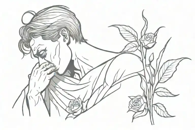 angel man crying with a withered rose tattoo design idea