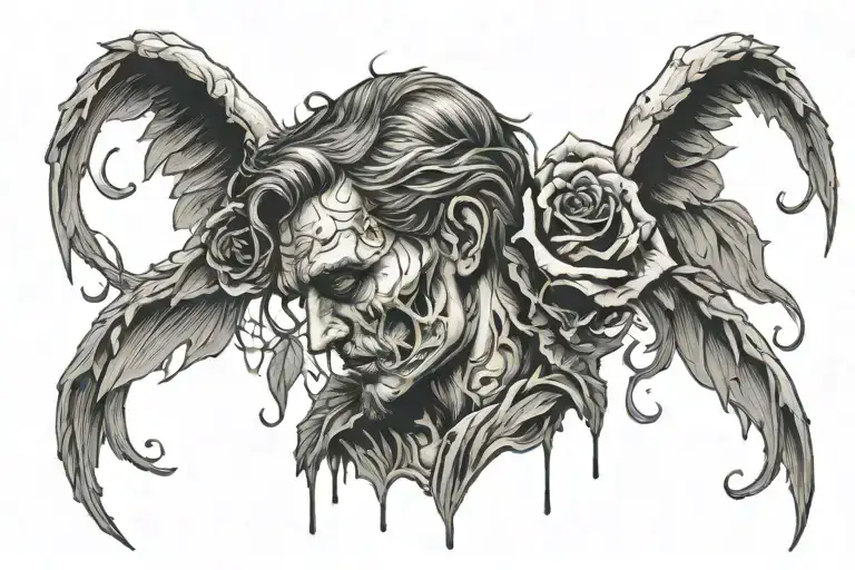 angel man crying with a withered rose tattoo design idea