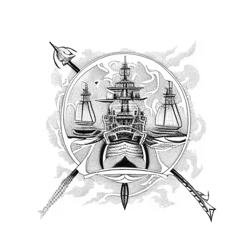 calf sleeve with several large ships caught on fire in the foreground. smaller vessels are sailing to shoreline to assau tattoo design idea