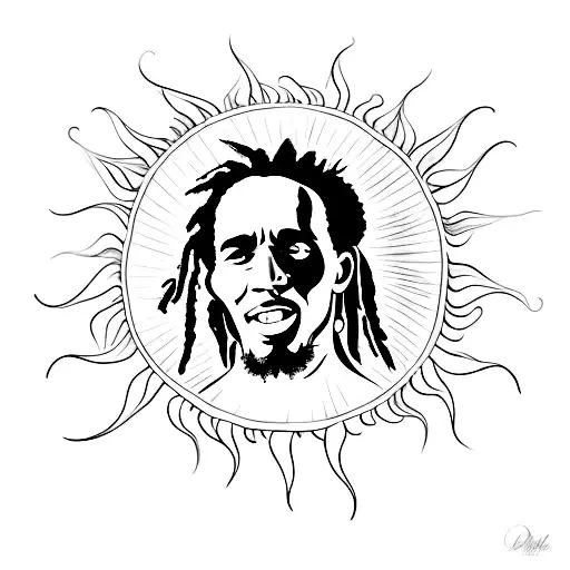 A minimalist tattoo of a peaceful scene with a palm tree, the sun, and Bob Marley's face subtly integrated into the design, capturing the essence of relaxation and good vibes tattoo design idea