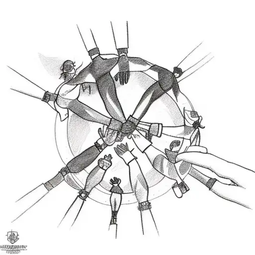 A sketch-style tattoo showcasing a group of friends holding hands and forming a human chain, representing the unbreakable bond forged through shared adventures and memories. tattoo design idea