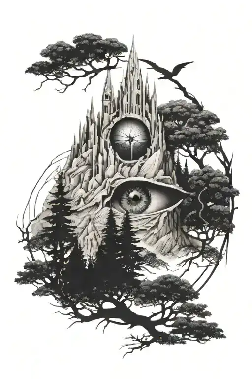minas tirith inside of the sauron eye surrounded with trees tattoo design idea