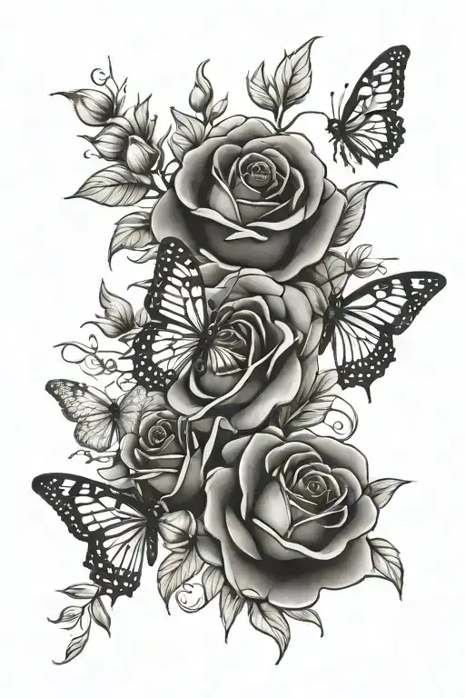 Rose and honey honeysuckle bouquet with fluttering butterflies tattoo design idea