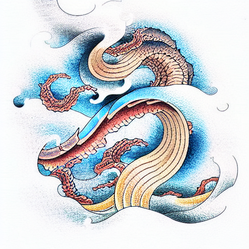 waves with leviathan in color tattoo design idea