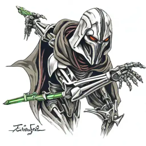 Realistic portrait tattoo of General Grievous in a dynamic action pose tattoo design idea