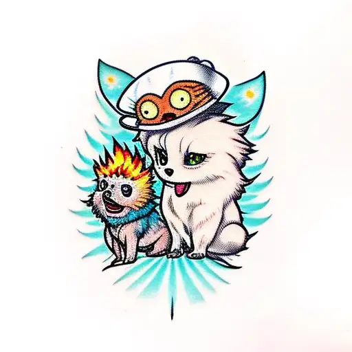 Pomeranian and "Calcifer" from howls moving castle hanging out tattoo design idea