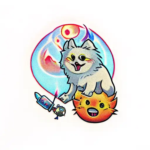 Pomeranian and "calcifer" from howls moving castle hanging out tattoo design idea