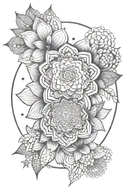 A dotwork mandala design with intricate floral patterns, representing the balance between motherhood and personal fitness goals tattoo design idea
