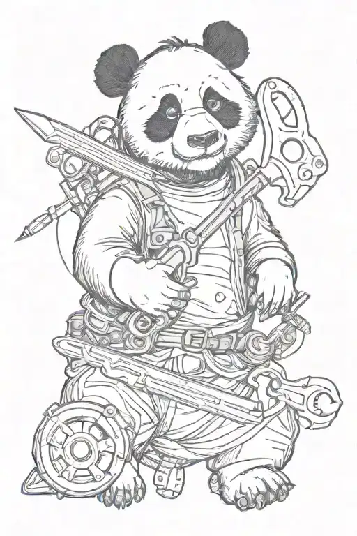 badass panda holding a crescent wrench tattoo design idea