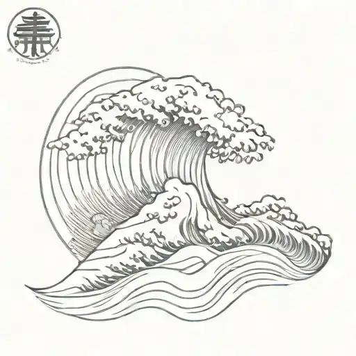 a long wave surrounded by the sun with Chinese  tattoo design idea