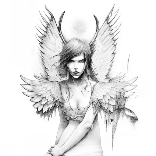 Fallen angel with shattered wings and a melancholic expression tattoo design idea