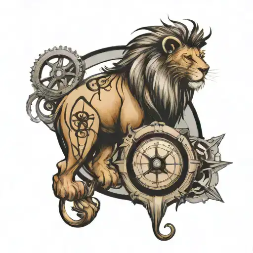 lion with compass and wrenches incorporated tattoo design idea