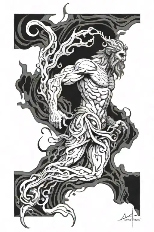 Imagine Poseidon emerging from the depths, not in his ordinary form, but as an abstract, almost ethereal figure, where tattoo design idea