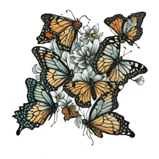 Design an image that is a back tattoo of five monarch butterflies, four female and one male, flying in a row tattoo design idea