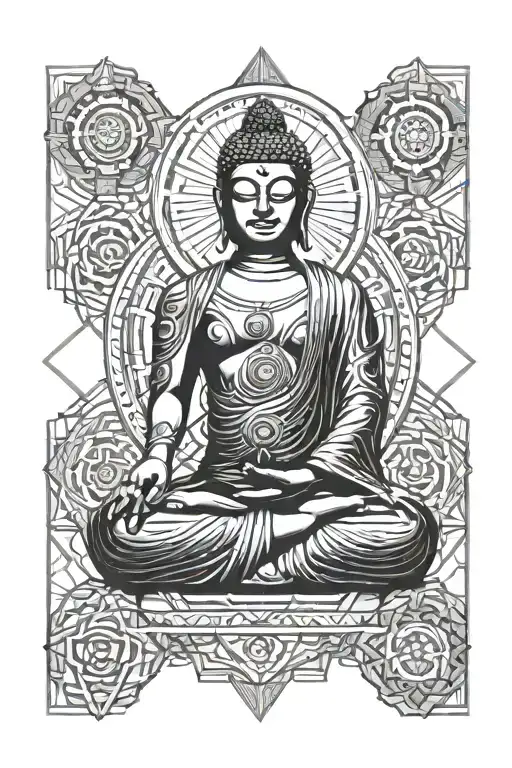 Buddha meditating , chakra symbol surrounded , third eye   tattoo design idea