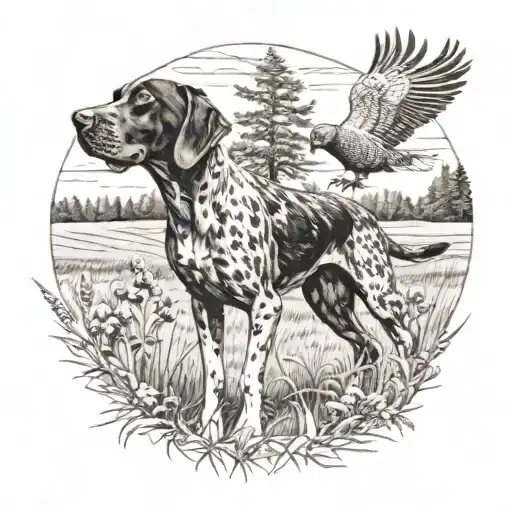 A German shorthaired pointer chasing a pheasant in a field tattoo design idea
