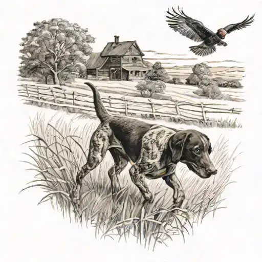 A German shorthaired pointer chasing a pheasant in a field tattoo design idea