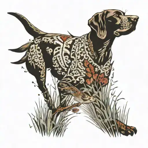 A German shorthaired pointer chasing a pheasant in a field tattoo design idea