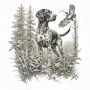 A scene of a German shorthaired pointer pointing towards a hidden pheasant in a dense forest tattoo design idea