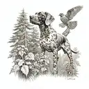 A scene of a German shorthaired pointer pointing towards a hidden pheasant in a dense forest tattoo design idea