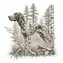 A scene of a German shorthaired pointer pointing towards a hidden pheasant in a dense forest tattoo design idea