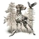 A scene of a German shorthaired pointer pointing towards a hidden pheasant in a dense forest tattoo design idea