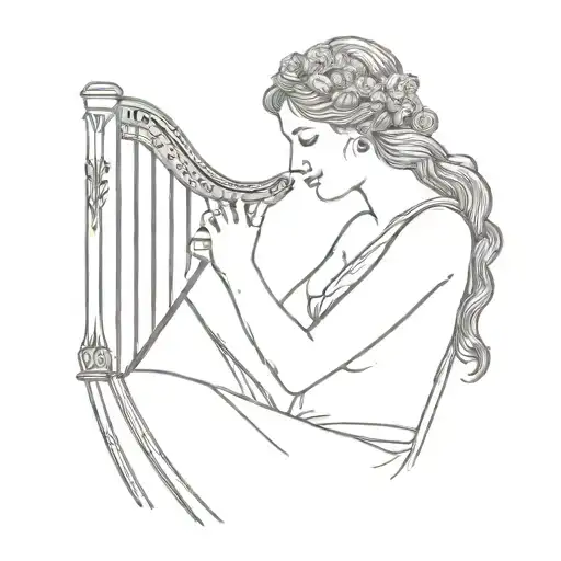 beautiful greek muse playing mini harp surrounded by music tattoo design idea