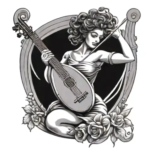 beautiful greek muse playing lyre surrounded by music tattoo design idea