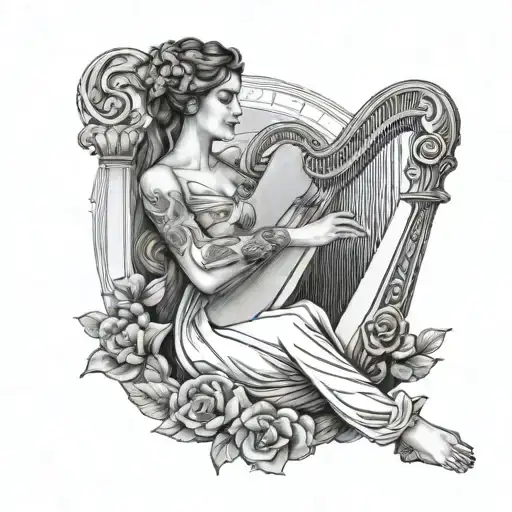 beautiful greek muse playing mini harp surrounded by music tattoo design idea