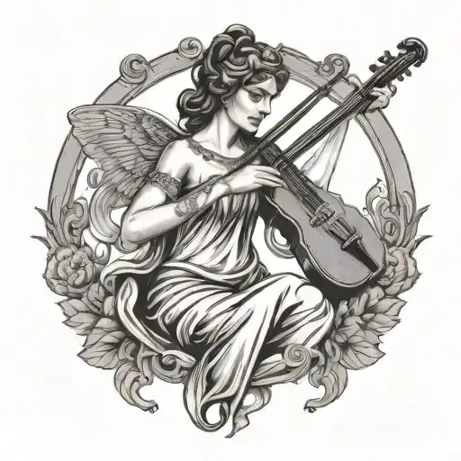 simple tattoo black and white of euterpe the greek muse of song playing a lyre tattoo design idea