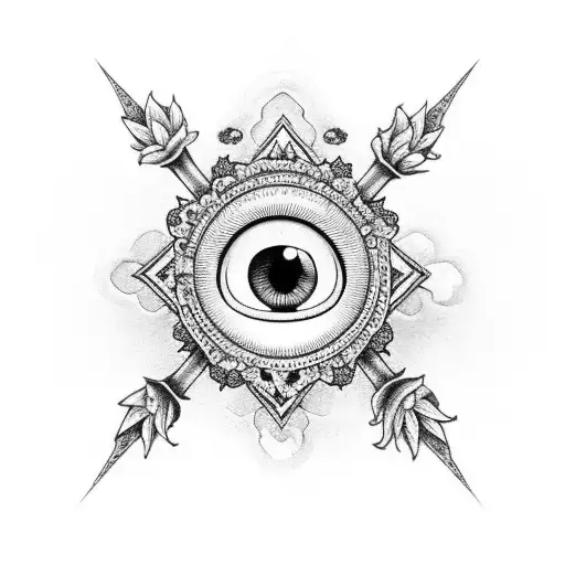 Gothic Cross with Lily flowers and mushrooms with eyes tattoo design idea