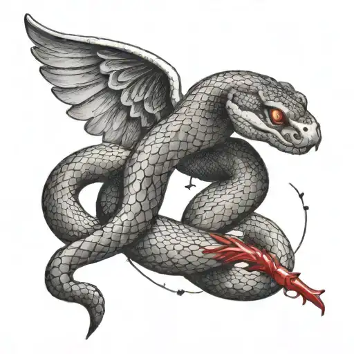 Create a dotwork tattoo of a snake with wings intertwined with a blood glucose meter tattoo design idea