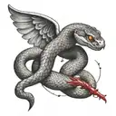Create a dotwork tattoo of a snake with wings intertwined with a blood glucose meter tattoo design idea