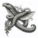 Create a dotwork tattoo of a snake with wings intertwined with a blood glucose meter tattoo design idea
