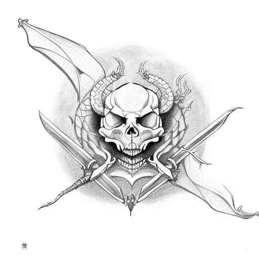 Red dragon with human skull holding flail  tattoo design idea